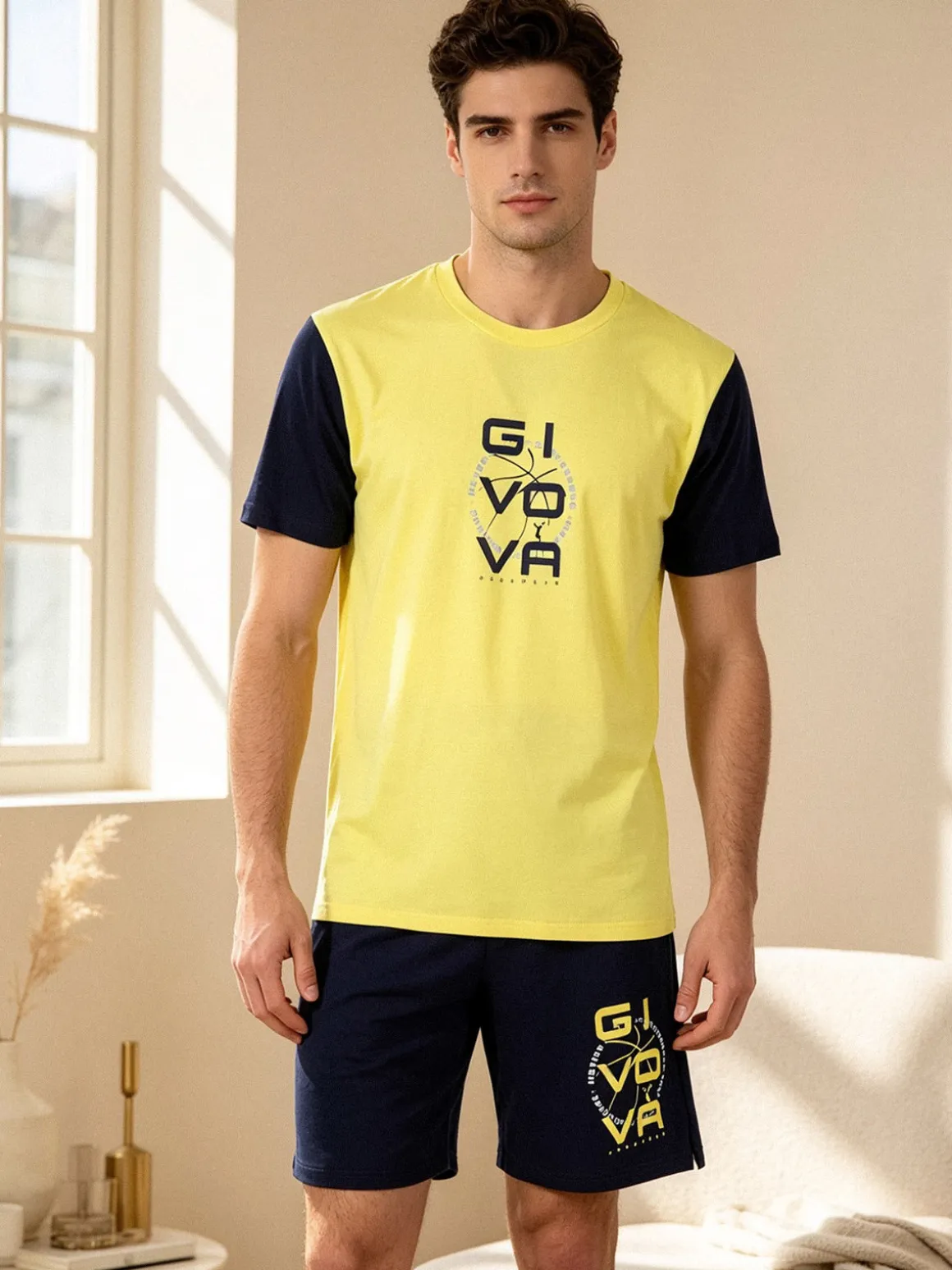 Givova Pigiama corto da uomo in cotone con t-shirt e bermuda