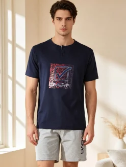 Givova Pigiama corto da uomo in misto cotone con logo - blu scuro