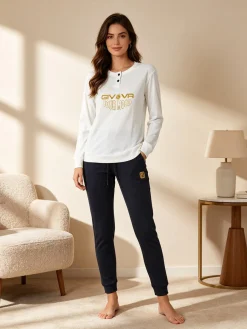 Givova Pigiama lungo da donna in cotone interlock con stampa - panna