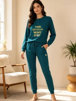 Givova Pigiama lungo da donna in cotone interlock - ottanio