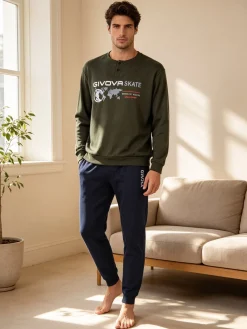 Givova Pigiama lungo da uomo in misto cotone interlock - militare