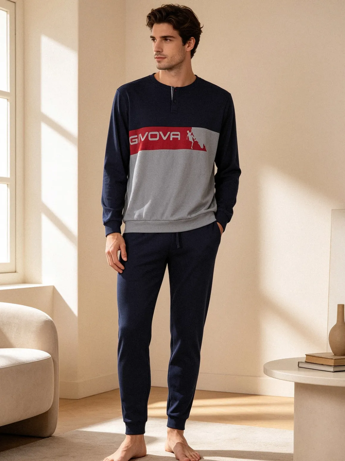 Givova Pigiama lungo da uomo in misto cotone intelock - rosso