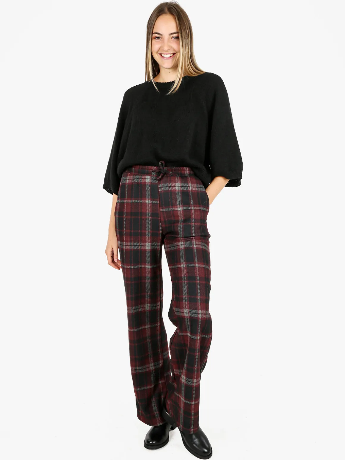 Gladys Pantaloni donna a quadri con gamba larga e interno in pile - bordeaux
