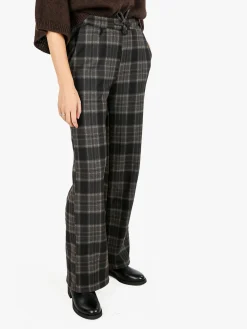 Gladys Pantaloni donna a quadri con gamba larga e interno in pile - marrone