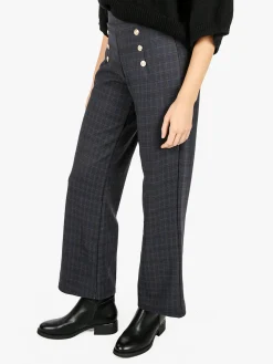 Gladys Pantaloni donna scozzesi a gamba larga con bottoni decorativi e interno in pile - blu scuro