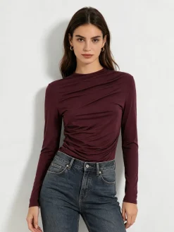 Gondola Blu Maglia donna accollata a maniche lunghe con drappeggio laterale - bordeaux