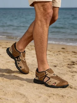 Grisport Sandali in pelle da uomo con cinturini a strappo e puntale chiuso - marrone