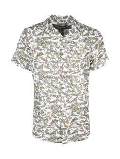Guy Camicia da uomo in misto lino a maniche corte con stampa disegni