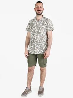 Guy Camicia da uomo in misto lino a maniche corte con stampa disegni