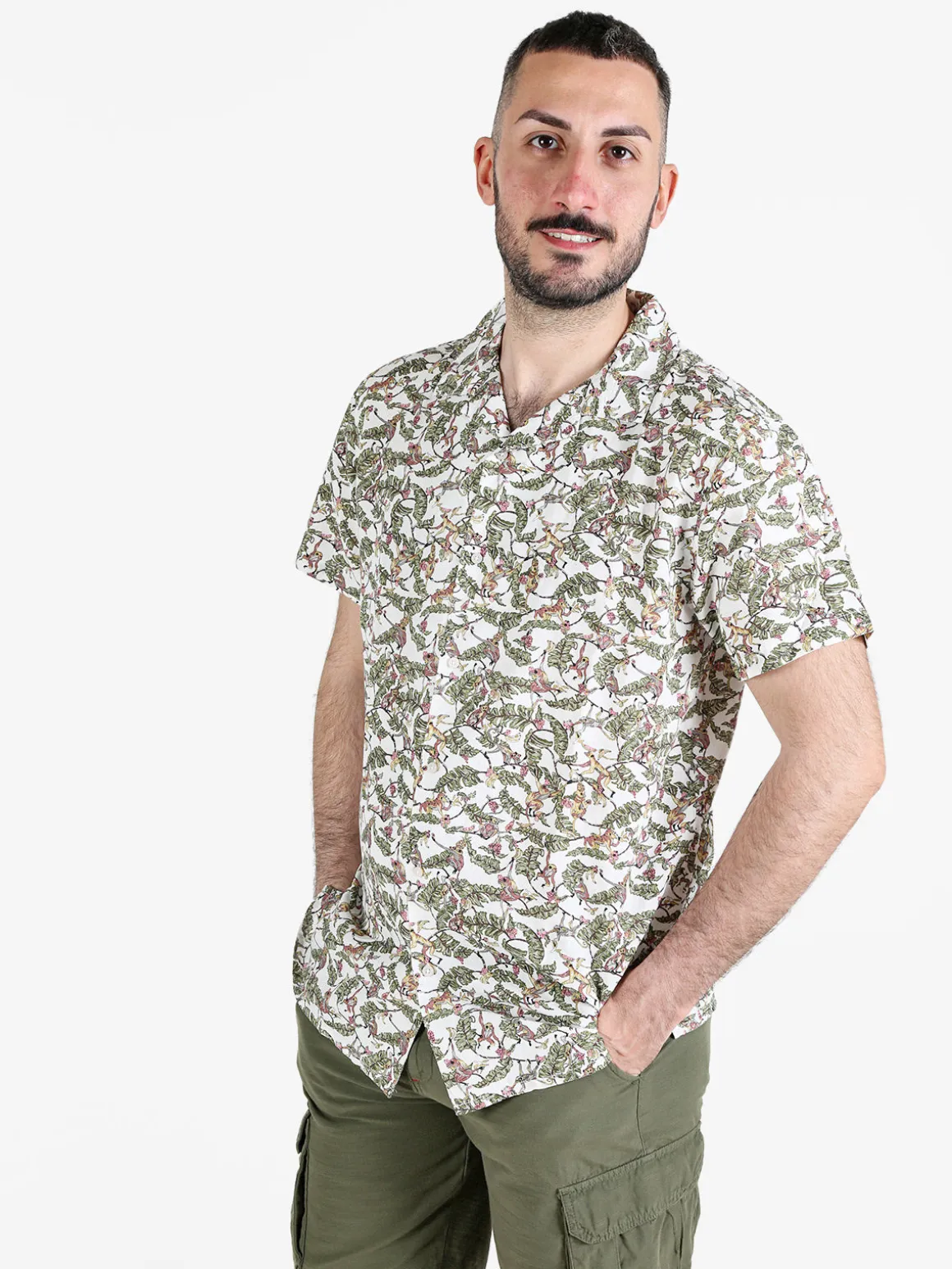 Guy Camicia da uomo in misto lino a maniche corte con stampa disegni