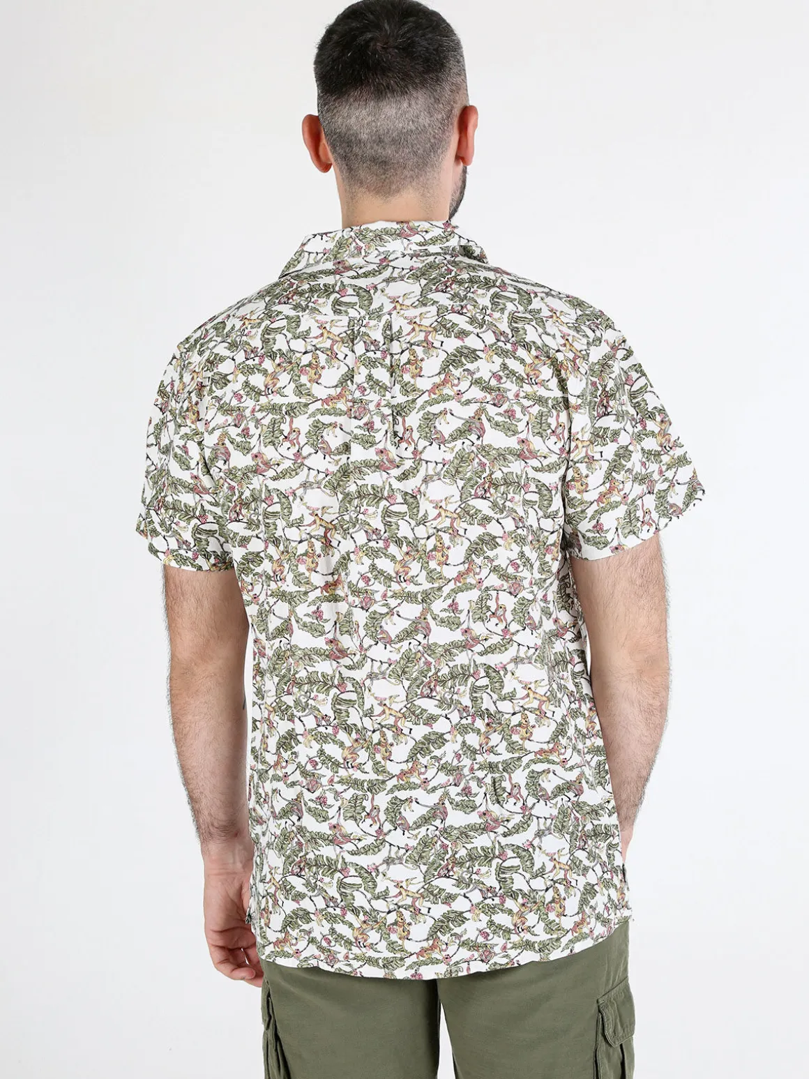 Guy Camicia da uomo in misto lino a maniche corte con stampa disegni
