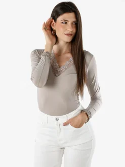 Hdl Milano Top donna a maniche lunghe con dettagli di pizzo - fango