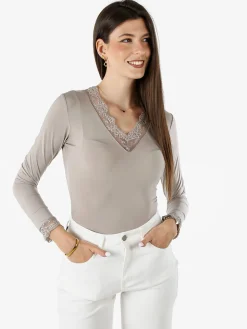 Hdl Milano Top donna a maniche lunghe con dettagli di pizzo - fango