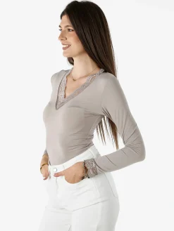 Hdl Milano Top donna a maniche lunghe con dettagli di pizzo - fango