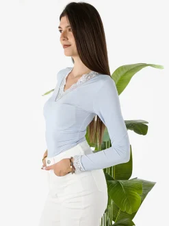 Hdl Milano Top donna a maniche lunghe con dettagli di pizzo - azzurro