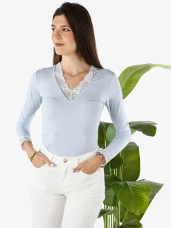 Hdl Milano Top donna a maniche lunghe con dettagli di pizzo - azzurro