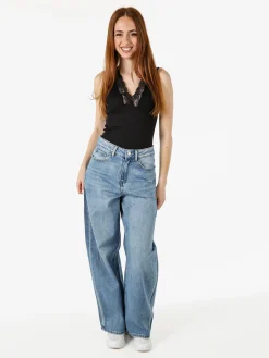 Hdl Milano Top donna con scollo a V e pizzo - nero