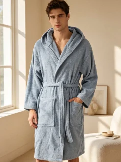 Home Zen Accappatoio unisex in spugna di cotone con cappuccio - azzurro