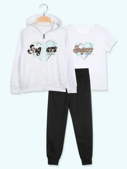 Hope Star Completo tuta da bambina 3 pezzi con paillettes cappuccio e zip - bianco