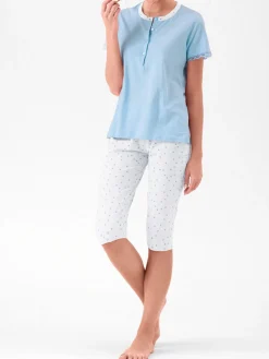 Infiore LOVELY Pigiama donna in cotone con t-shirt e pinocchietti taglie grandi - azzurro