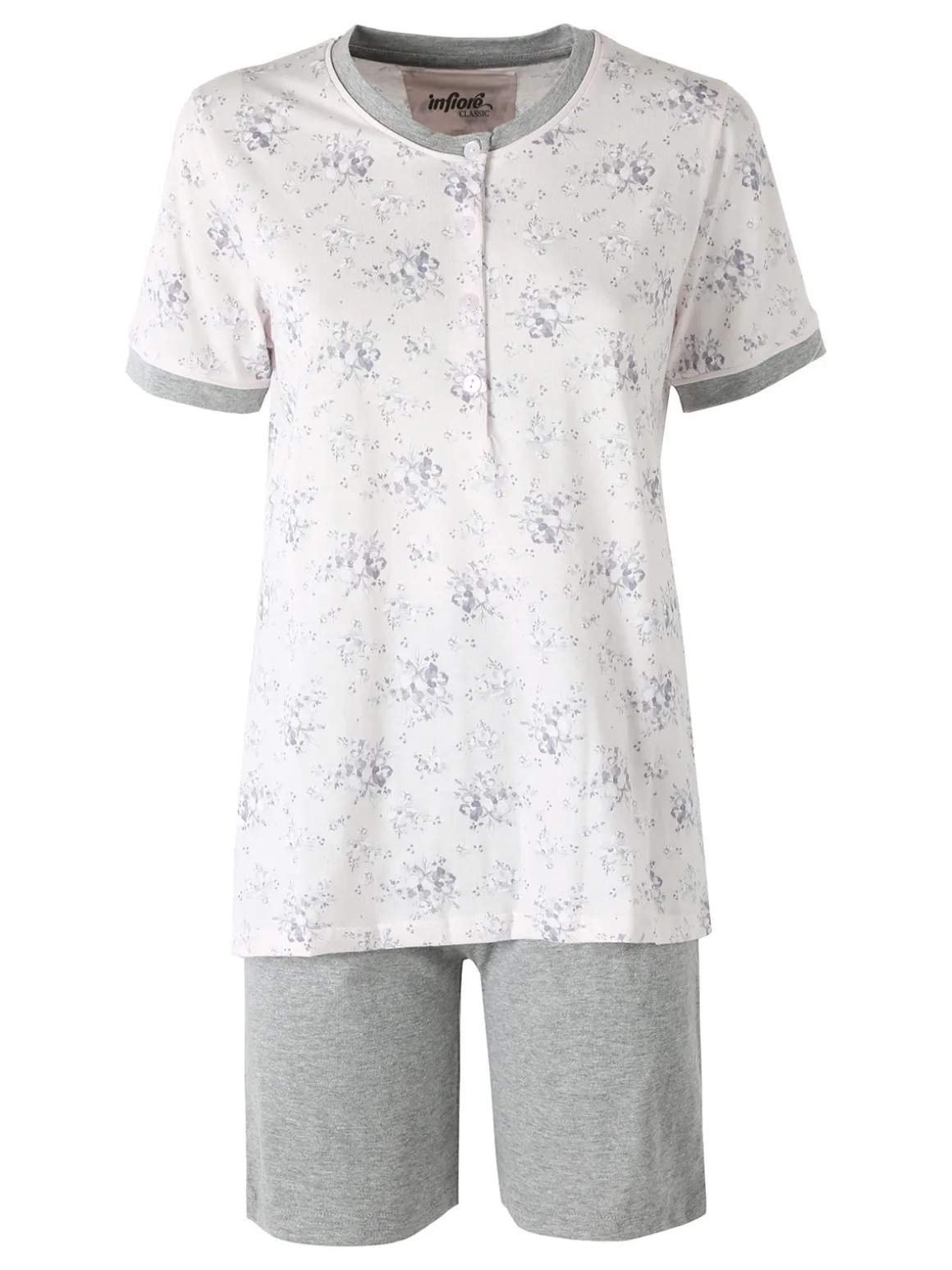 Infiore NUVOLA pigiama in cotone da donna con t-shirt floreale e shorts taglie grandi - grigio