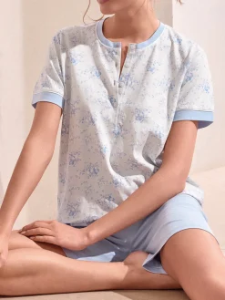 Infiore NUVOLA pigiama in cotone da donna con t-shirt floreale e shorts - azzurro