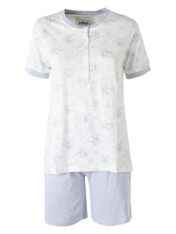 Infiore NUVOLA pigiama in cotone da donna con t-shirt floreale e shorts - azzurro