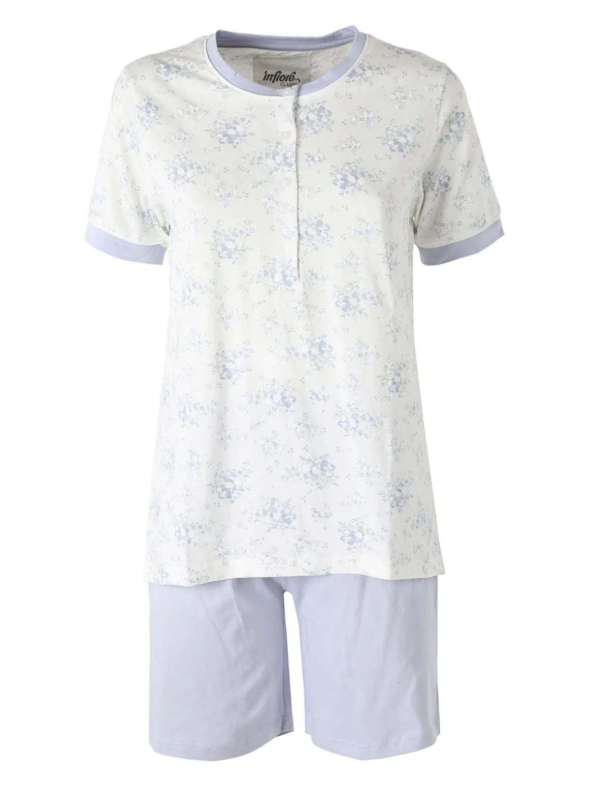 Infiore NUVOLA pigiama in cotone da donna con t-shirt floreale e shorts - azzurro