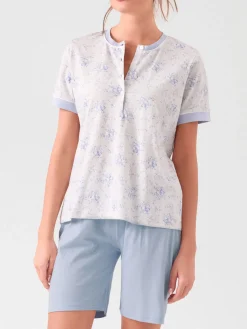 Infiore NUVOLA pigiama in cotone da donna con t-shirt floreale e shorts - azzurro