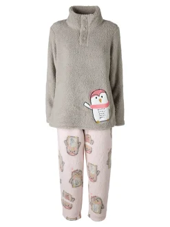Infiore Pigiama donna in pile soft con stampa pinguini - fango