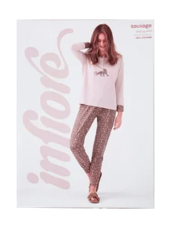Infiore SAUVAGE Pigiama lungo da donna in cotone con stampa animalier - naturale