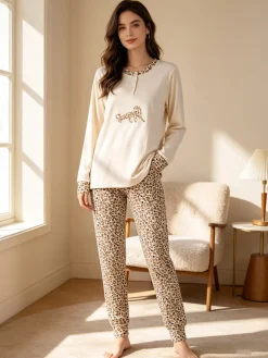 Infiore SAUVAGE Pigiama lungo da donna in cotone con stampa animalier - naturale