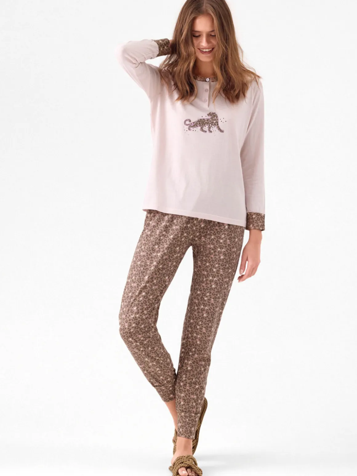 Infiore SAUVAGE Pigiama lungo da donna in cotone con stampa animalier - rosa