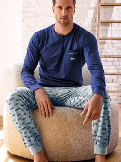 Infioreuomo AIRSHIP Pigiama lungo da uomo in cotone jersey con taschino - blu scuro