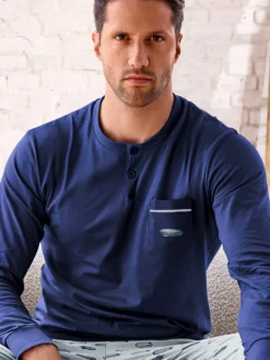 Infioreuomo AIRSHIP Pigiama lungo da uomo in cotone jersey con taschino - blu scuro