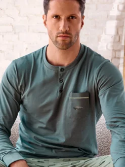 Infioreuomo AIRSHIP Pigiama lungo da uomo in cotone jersey con taschino - militare