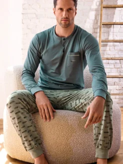 Infioreuomo AIRSHIP Pigiama lungo da uomo in cotone jersey con taschino - militare