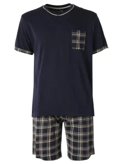 Infioreuomo Pigiama corto da uomo in cotone a quadri - blu scuro