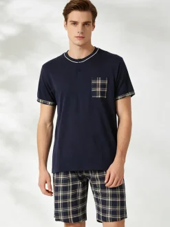 Infioreuomo Pigiama corto da uomo in cotone a quadri - blu scuro