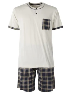 Infioreuomo Pigiama corto da uomo in cotone a quadri - beige