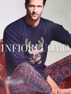 Infioreuomo Pigiama lungo da uomo natalizio con pantaloni a quadri - blu scuro