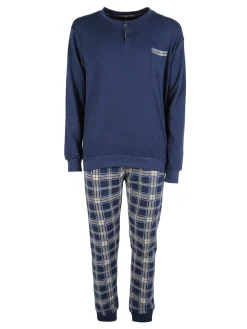 Infioreuomo Pigiama lungo da uomo in cotone con taschino e pantaloni a quadri - blu scuro