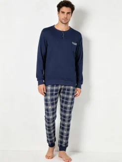 Infioreuomo Pigiama lungo da uomo in cotone con taschino e pantaloni a quadri - blu scuro