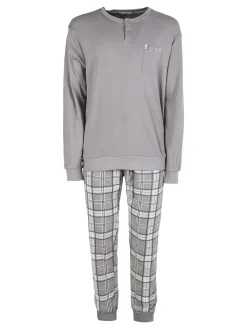 Infioreuomo Pigiama lungo da uomo in cotone con taschino e pantaloni a quadri - grigio