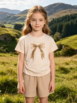 Injuly Completo corto da bambina 2 pezzi con t-shirt e shorts