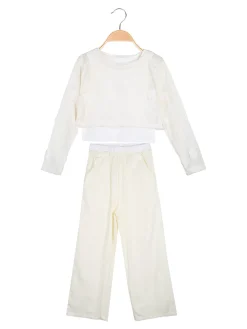 Injuly Completo 3 pezzi da bambina con top traforato e pantaloni misto lino - beige