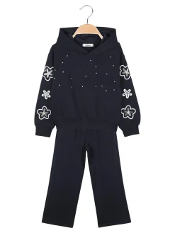 Injuly Completo 2 pezzi da bambina con cappuccio e strass - blu scuro