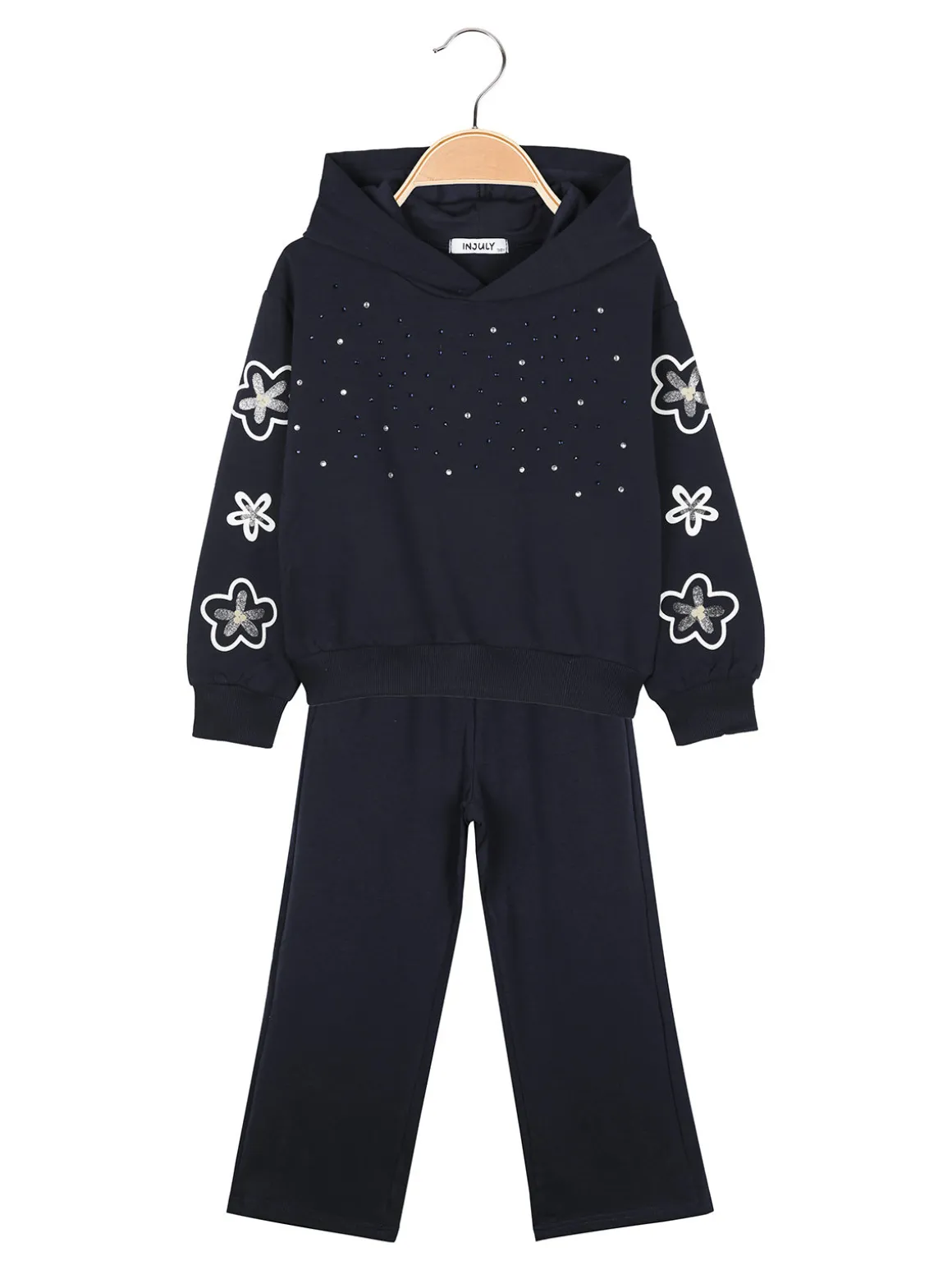 Injuly Completo 2 pezzi da bambina con cappuccio e strass - blu scuro