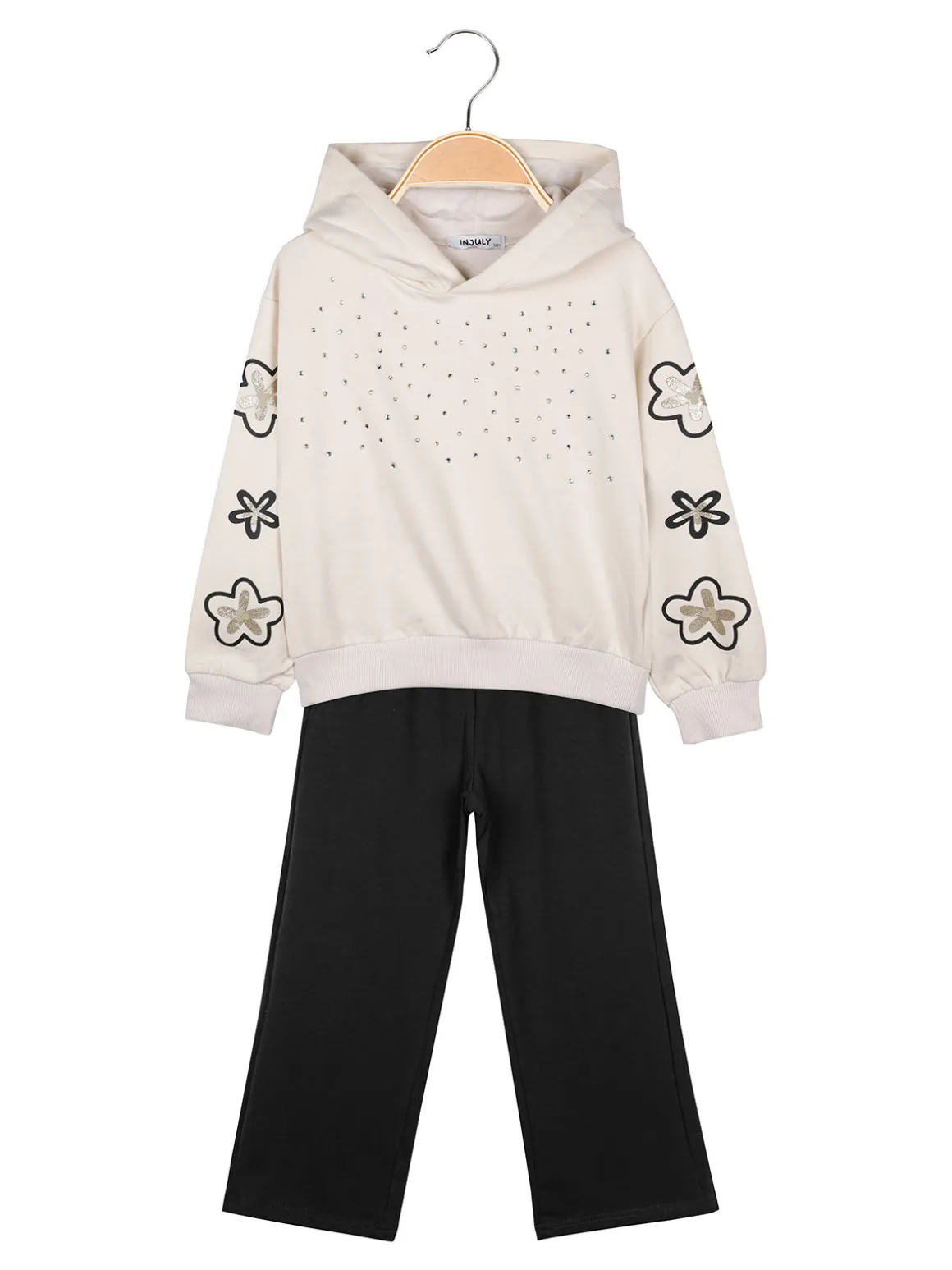 Injuly Completo 2 pezzi da bambina con cappuccio e strass - beige