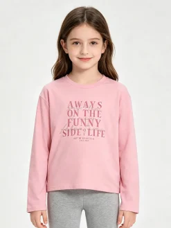 Injuly T-shirt da bambina in cotone a maniche lunghe con stampa - rosa